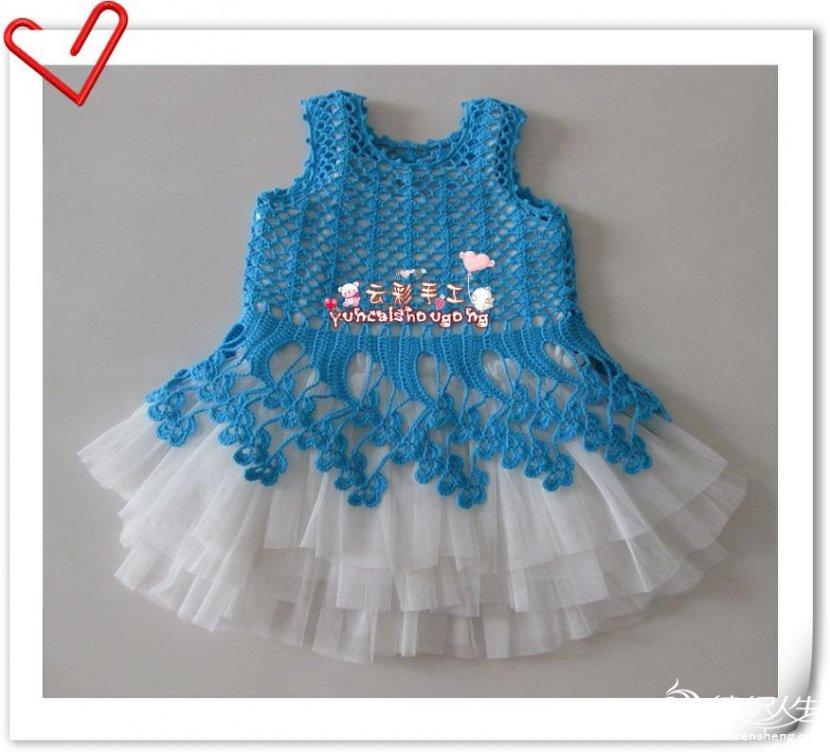 tığ ile örülen açık mavi renkli tül etekli elbise örneği