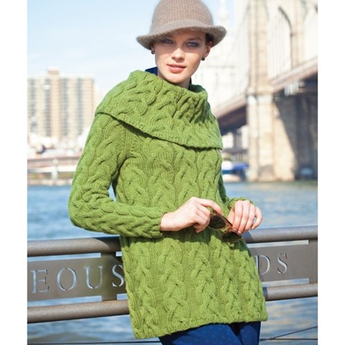 yeşil ggeniş yakalı saç örgüsü desenli örgü kazak